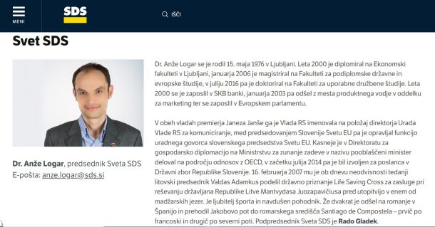Spletna stran SDS na 20. september 2022: Logar kot predsednik sveta SDS