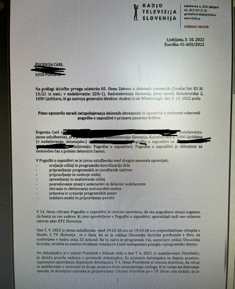Objava pisnega opozorila Eugeniji Carl 