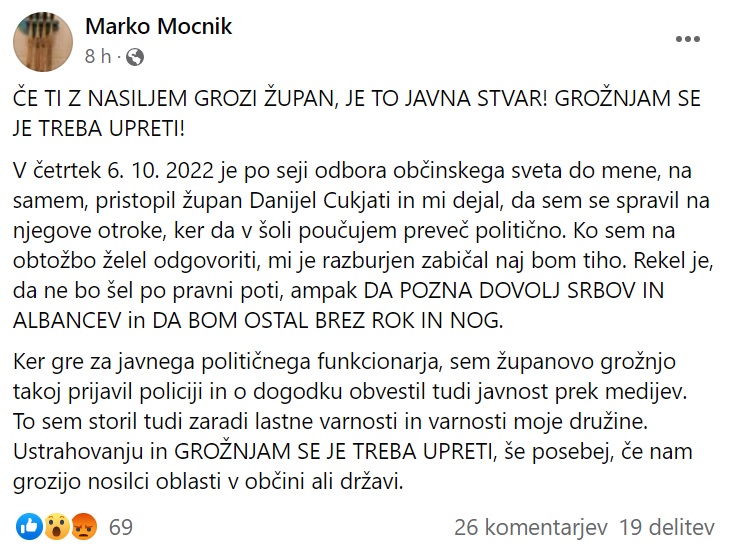 Močnikov zapis na Facebooku