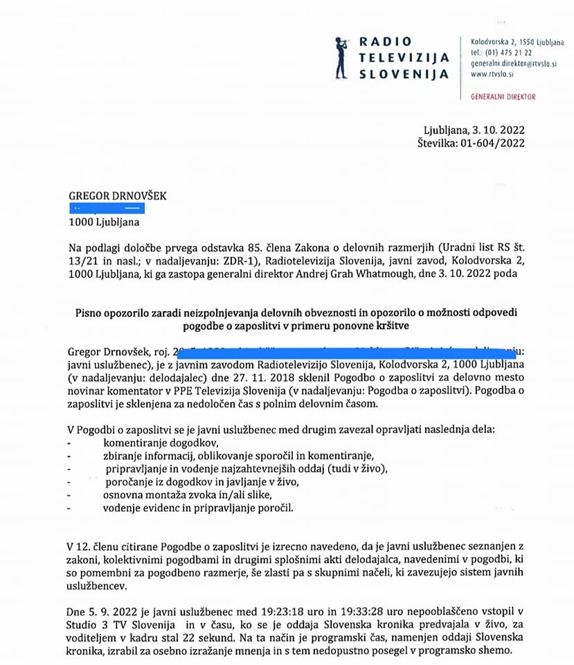 Objava pisnega opozorila Gregorju Drnovšku