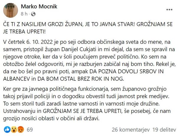 Močnikov zapis na Facebooku