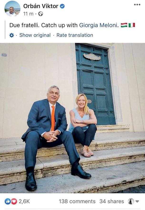 Fratelli 1:Giorgia Meloni je 28. avgusta 2001 Viktorja Orbána povabila v Rim