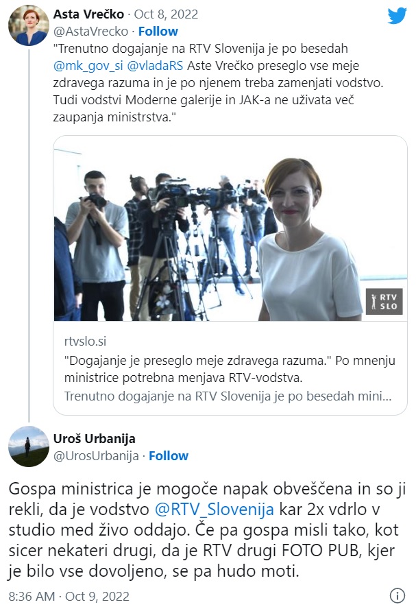 Odziv Urbanije na tvit ministrice za kulturo