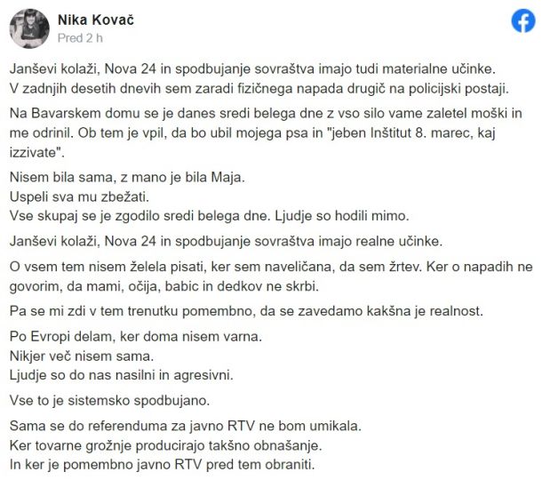 Današnji zapis Nike Kovač na Facebooku