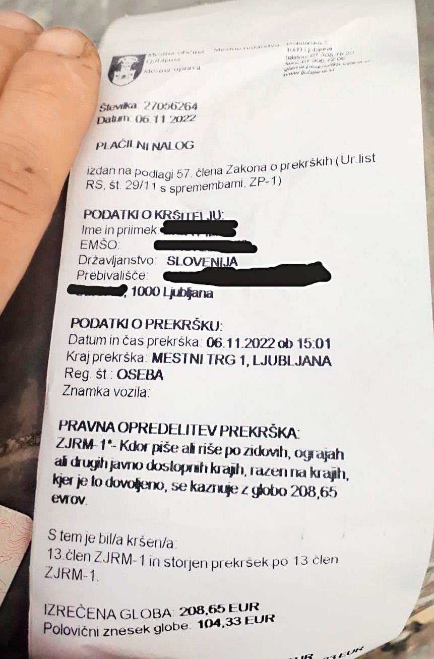 Izdani plačilni nalog – pisanje s kredo 208,65 evra kazni