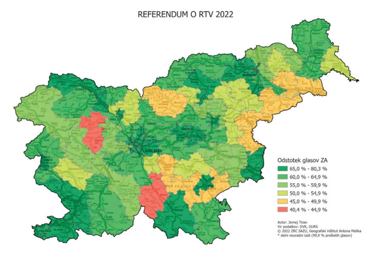 Zakonu o RTV je na referendumu dobil največjo podporo v osrednji Sloveniji, kjer je bila najvišja tudi volilna udeležba (avtor zemljevida: Jernej Tiran, Geografski inštitut Antona Melika, vir: DVK, GURS)