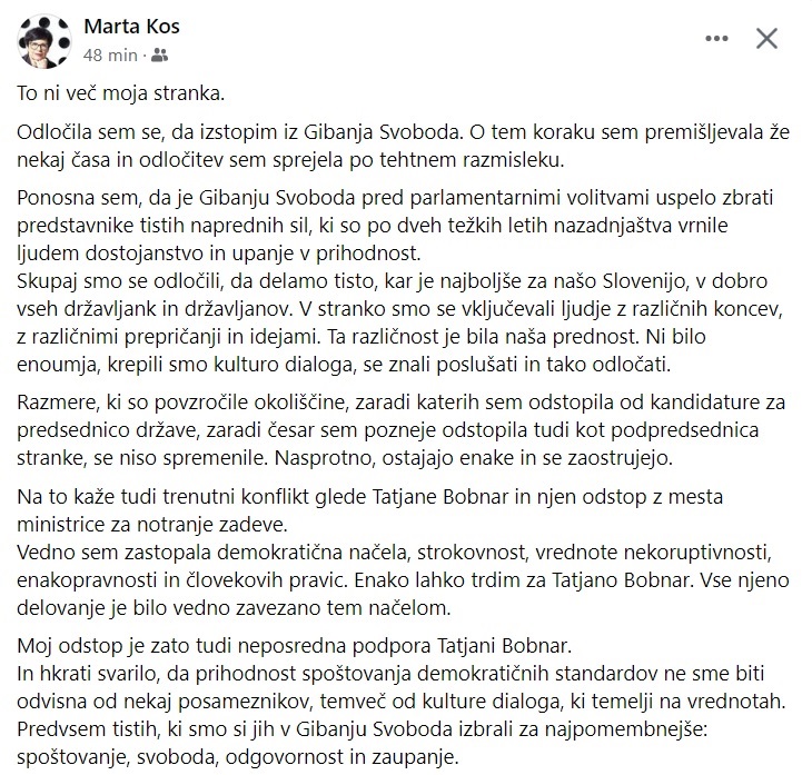 Zapis Marte Kos na Facebooku