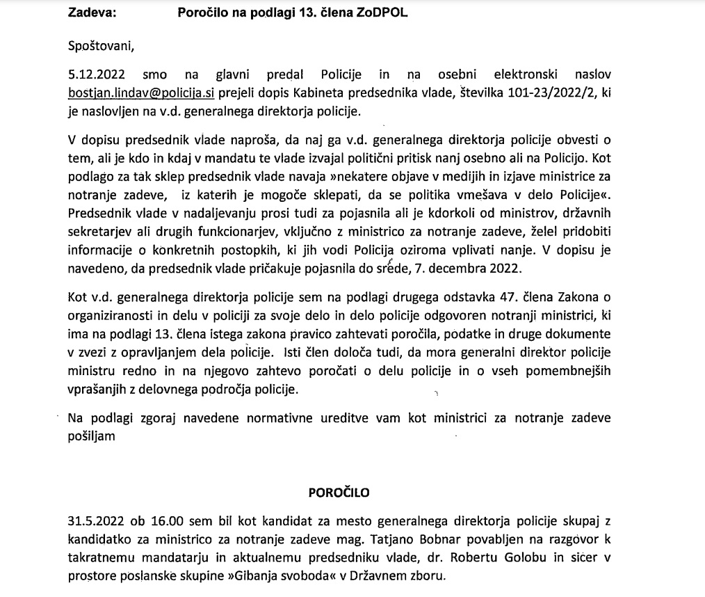 Poročilo v. d. generalnega direktorja policije na podlagi 13. člena Zakona o organiziranosti in delu v Policiji
