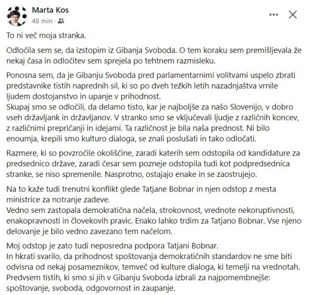 Zapis Marte Kos na Facebooku