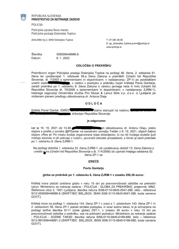Odločba o prekršku in 250 evrov kazni za Gantarja, ker naj bi s tvitom prizadel generalnega direktorja policije.