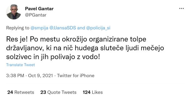 Tvit Pavla Gantarja o nesorazmerni uporabi prisilnih sredstev s strani policije.