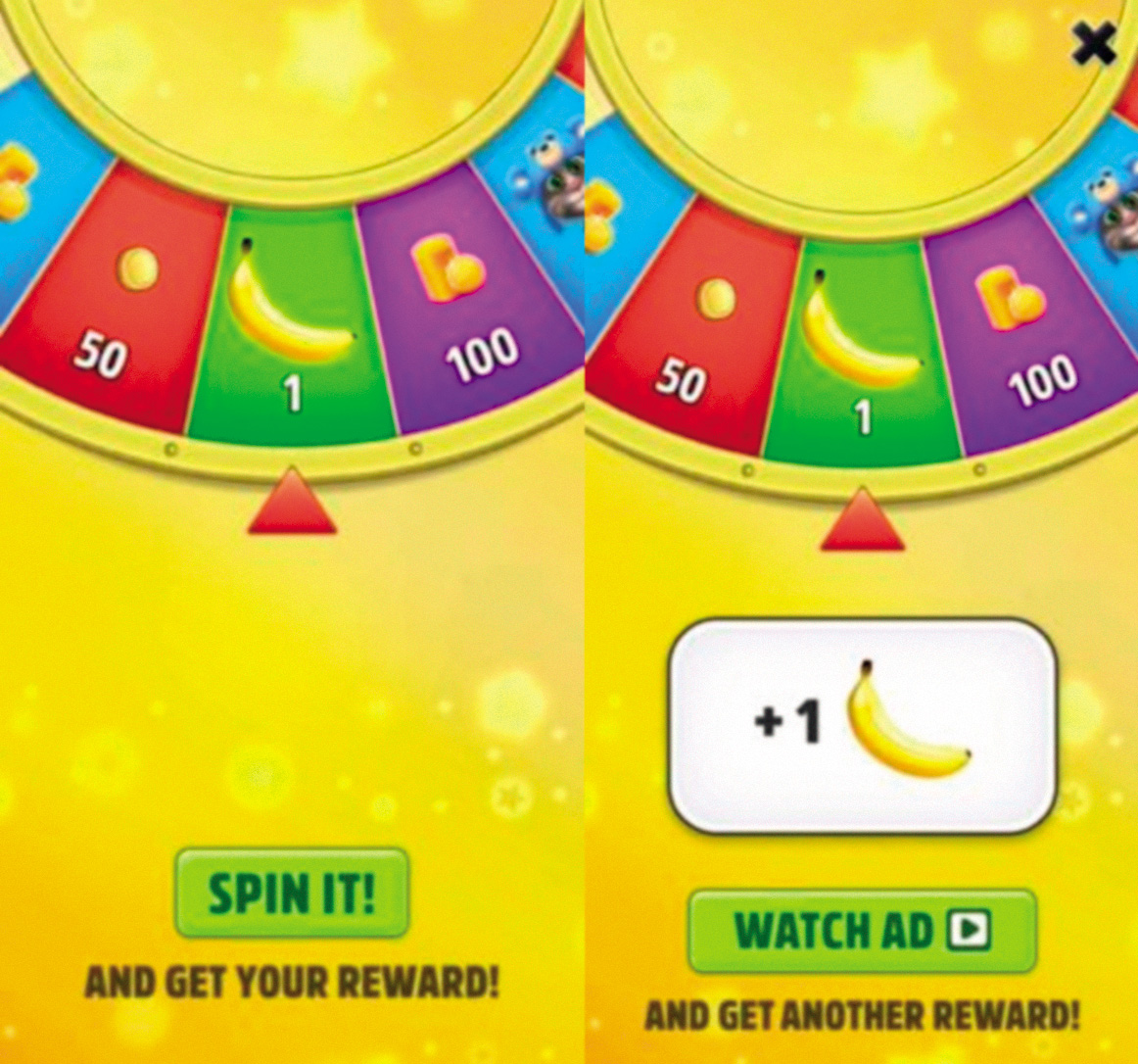 V igri My Talking Tom lahko uporabnik enkrat na dan zavrti kolo sreče in se tako poteguje za naključno virtualno nagrado. Kolo lahko zavrti tudi večkrat, a ta privilegij si zasluži le s tem, da si ogleda neko reklamo.
