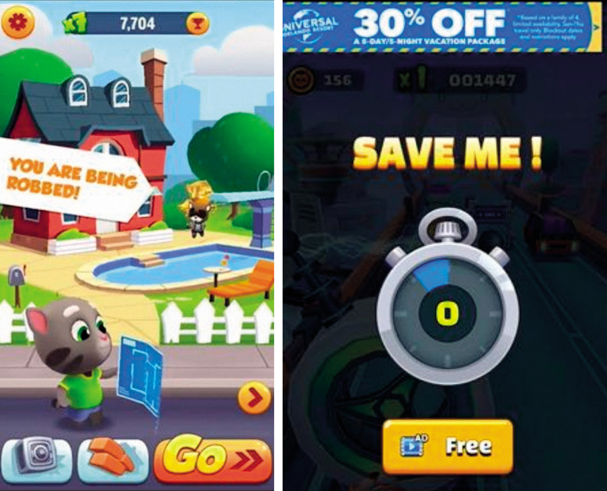 V spin-off igri Talking Tom Gold Run aplikacija uporabnika opozori, da nekdo ropa hišo mačka Toma, situacijo pa lahko reši le tako, da pritisne na nekaj gumbov, in si ob tem seveda ogleda še nekaj oglasov.