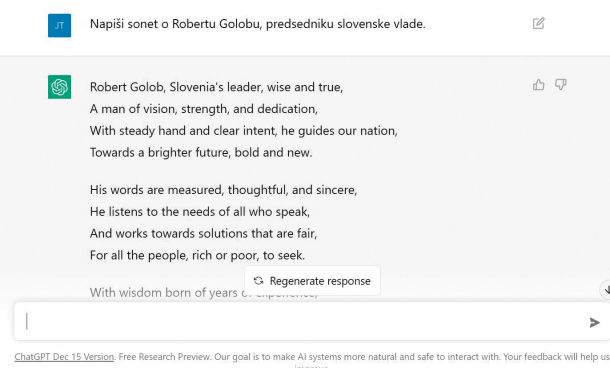 ChatGPT razume tudi slovensko, zna pisati eseje v slovenščini, le pesmi za zdaj piše še v angleščini.