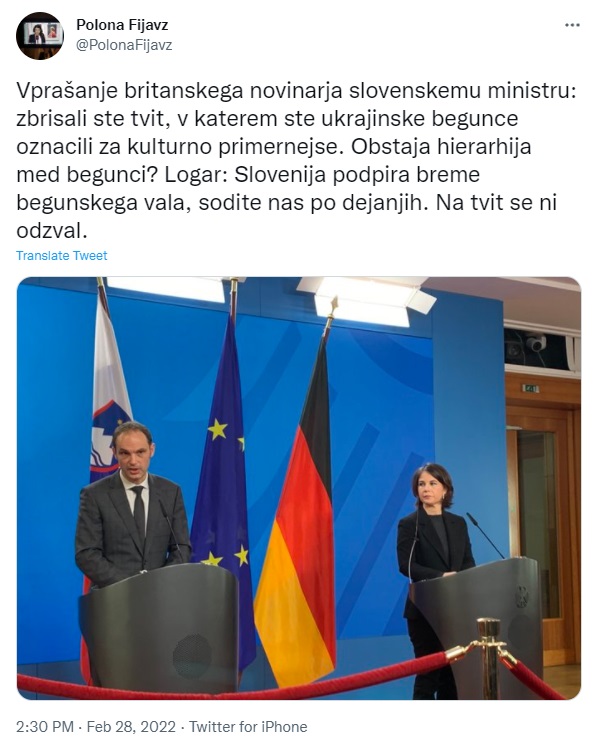 Tvit Polone Fijavž, novinarke TV Slovenija