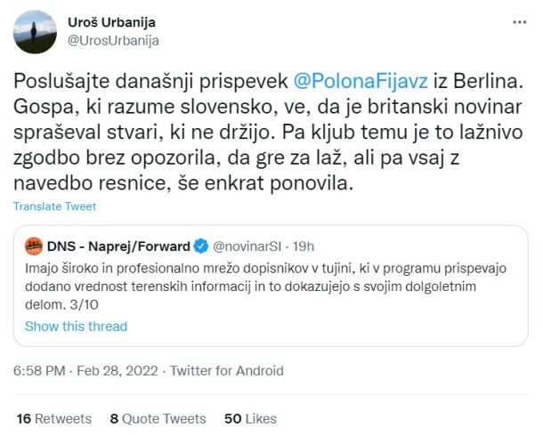 Tvit Uroša Urbanije, direktorja Ukoma