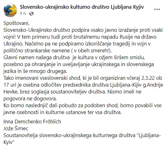 Facebook objava dveh soustanoviteljev društva, ki se distancirata od njegove zlorabe