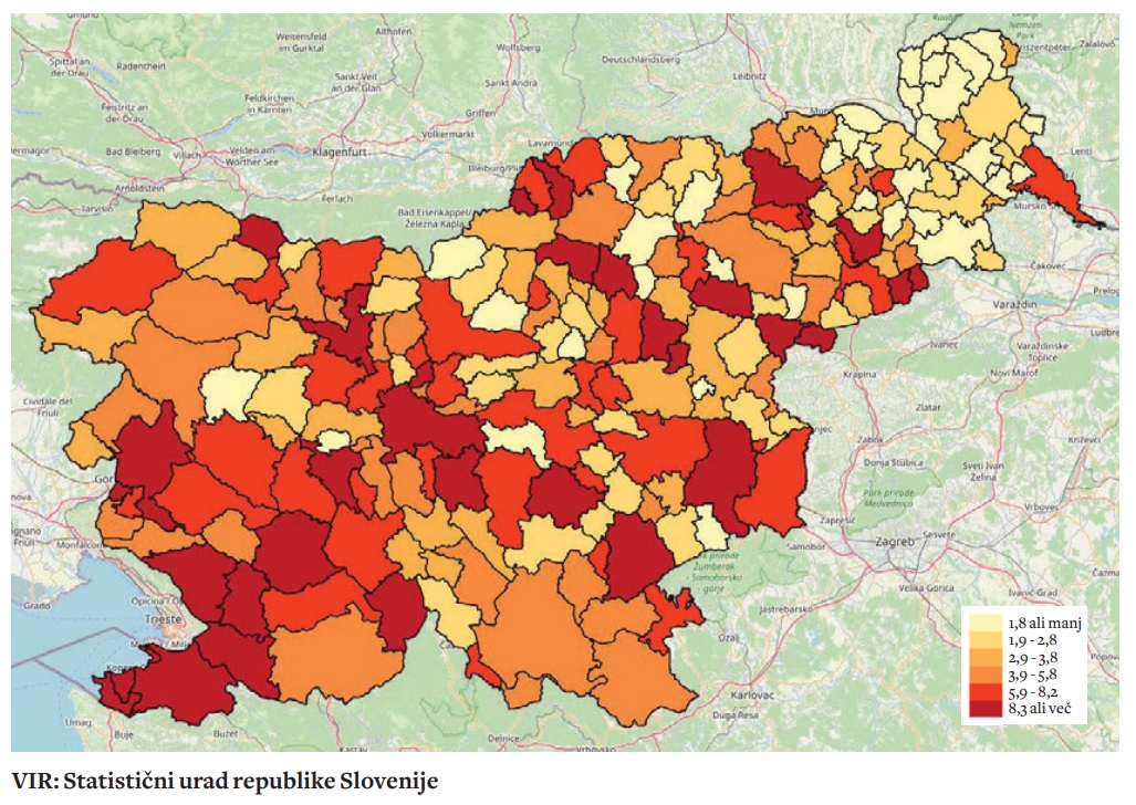 Delež tujcev po občinah / Večina tujcev živi v večjih slovenskih mestih in na zahodu države. V Prekmurju je delež tujcev nesorazmerno nizek. V tabelah je prikazano razmerje med državljani Slovenije in drugimi v Kranju, Velenju in na Jesenicah.