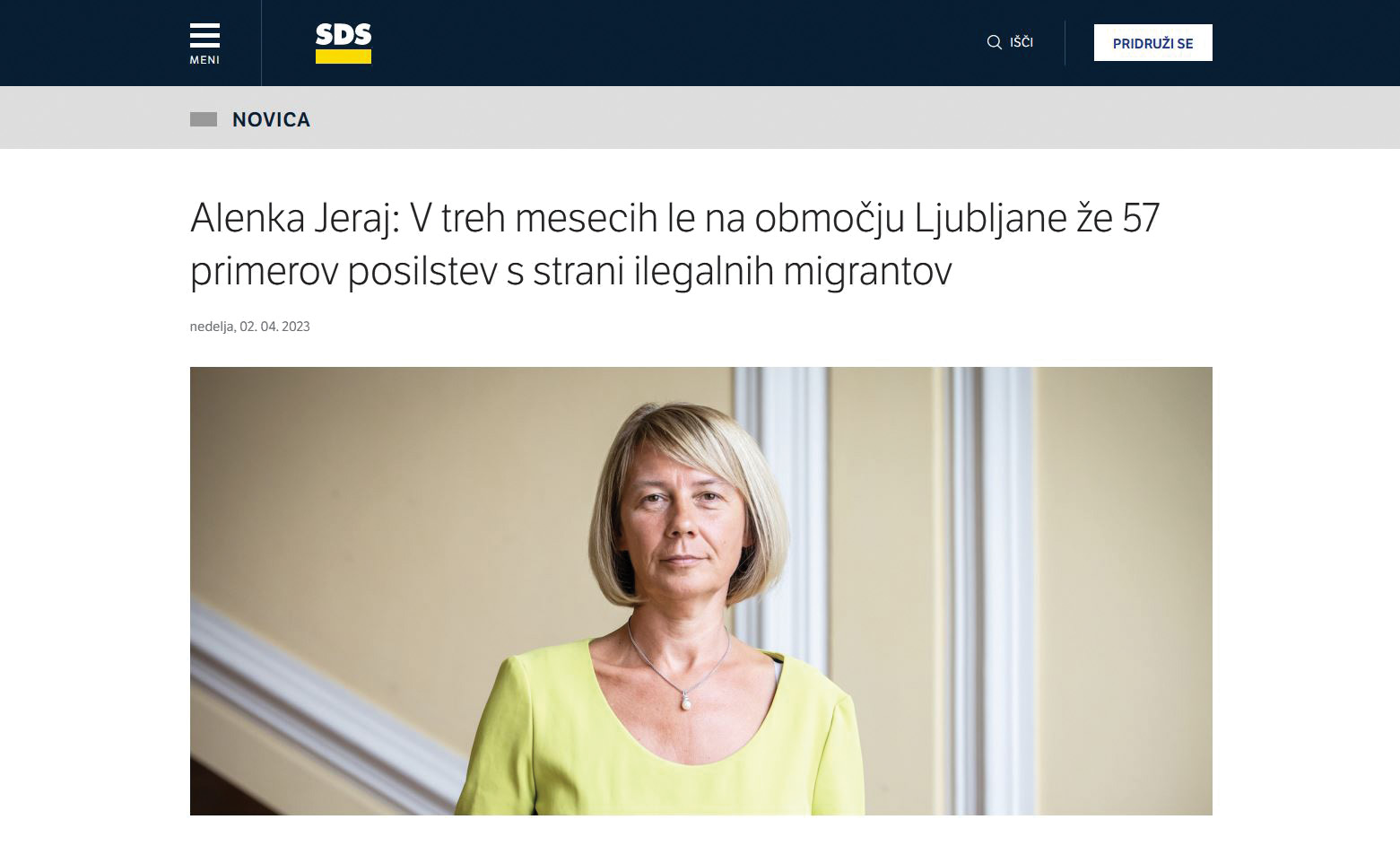 Na internetni strani stranke SDS je bila informacija o domnevnih posilstvih prikazana kot dejstvo