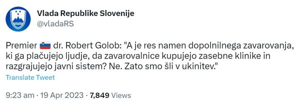 Tvit Golobove vlade 19. aprila letos