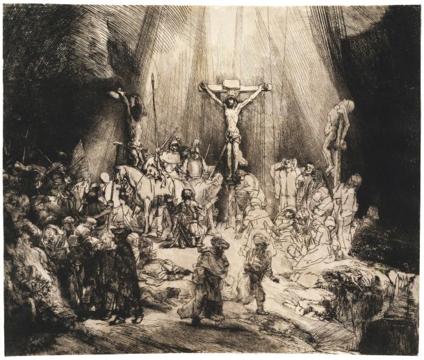 V Narodni galeriji bo na ogled tudi grafika Trije križi (suha igla in bakrorez, 1653). Kontrast med svetlim in temnim je v Rembrandtovi umetnosti z leti postajal vse bolj intenziven, pri biblijskih motivih pa je imel spopad med svetlobo in temo tudi simbolen pomen.