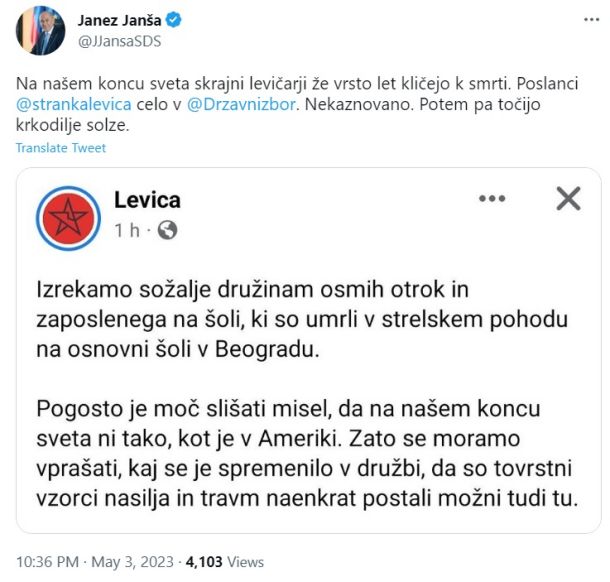 Stranka Levica je po Janši sokriva za beograjsko tragedijo