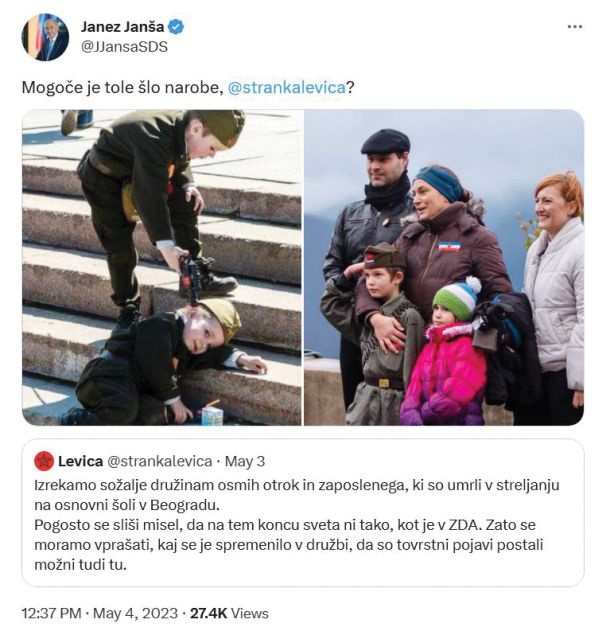 Stranka Levica je najprej objavila sožalje zaradi napada v Beogradu, Janša ji je takoj serviral rdeče zvezde, sliko Mihe Kordiša in dveh ruskih otrok.