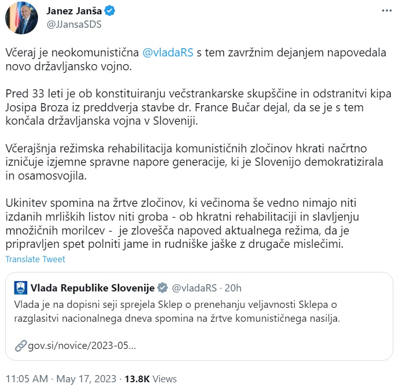 Janšev tvit z razbiranjem napovedi državljanske vojne