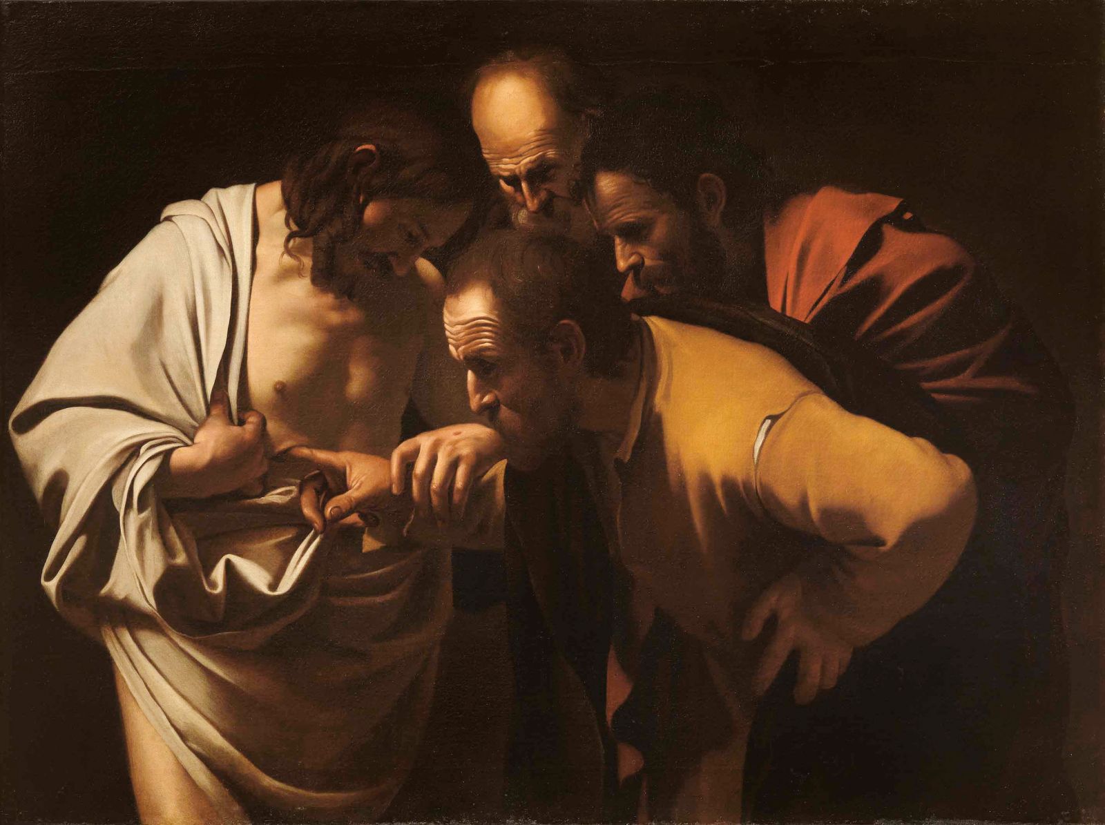 Baročni genij in inovator Caravaggio je motiv nejevernega Tomaža upodobil s presunljivo dramatičnostjo in realizmom ter zanj tako značilnim chiaroscurom - igro med svetlobo in senco, ki ustvarja iluzijo tridimenzionalnega.