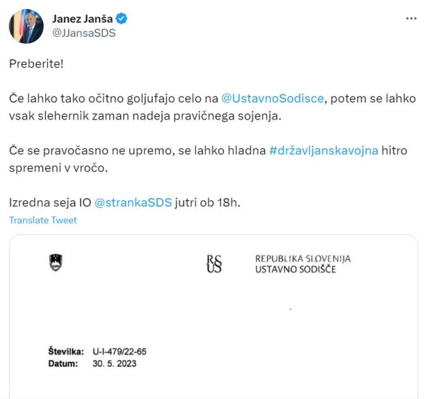 Objava predsednika SDS na Twitterju