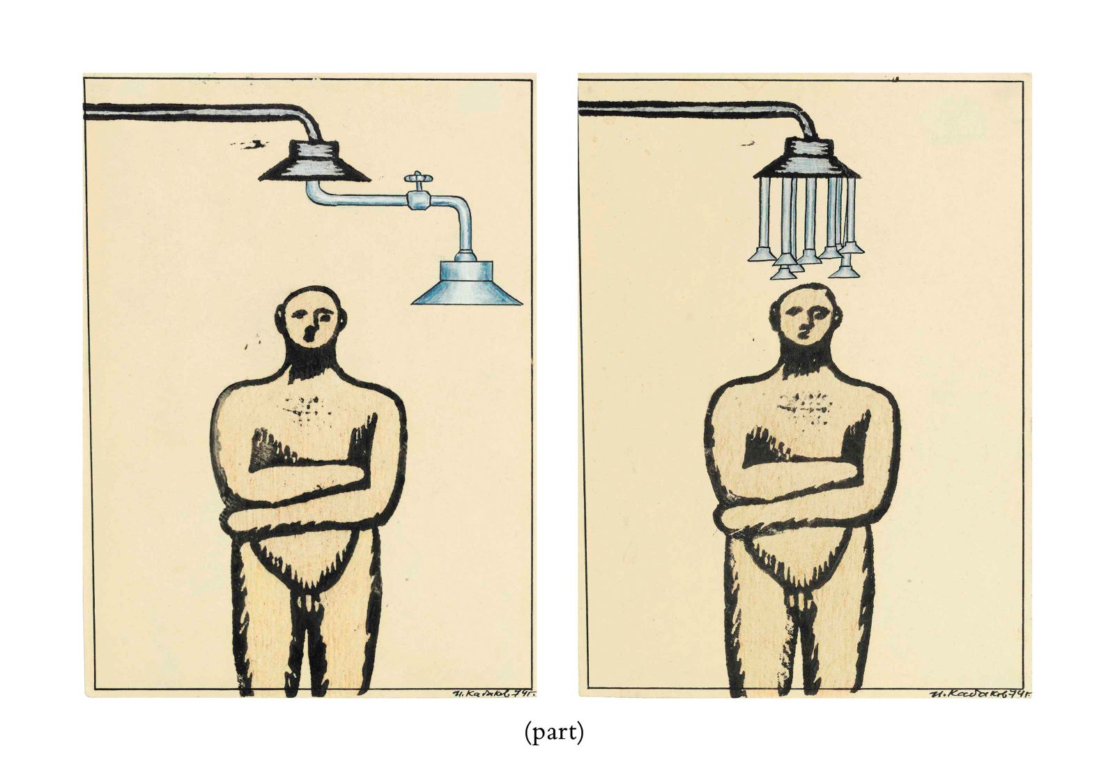 lja Kabakov je leta 1965 prvi zaplet s sovjetsko oblastjo doživel zaradi serije risb Tuš, v kateri vidimo akt moškega, ki stoji pod prho, iz katere pa voda ne priteče, razen morda fantazijsko.