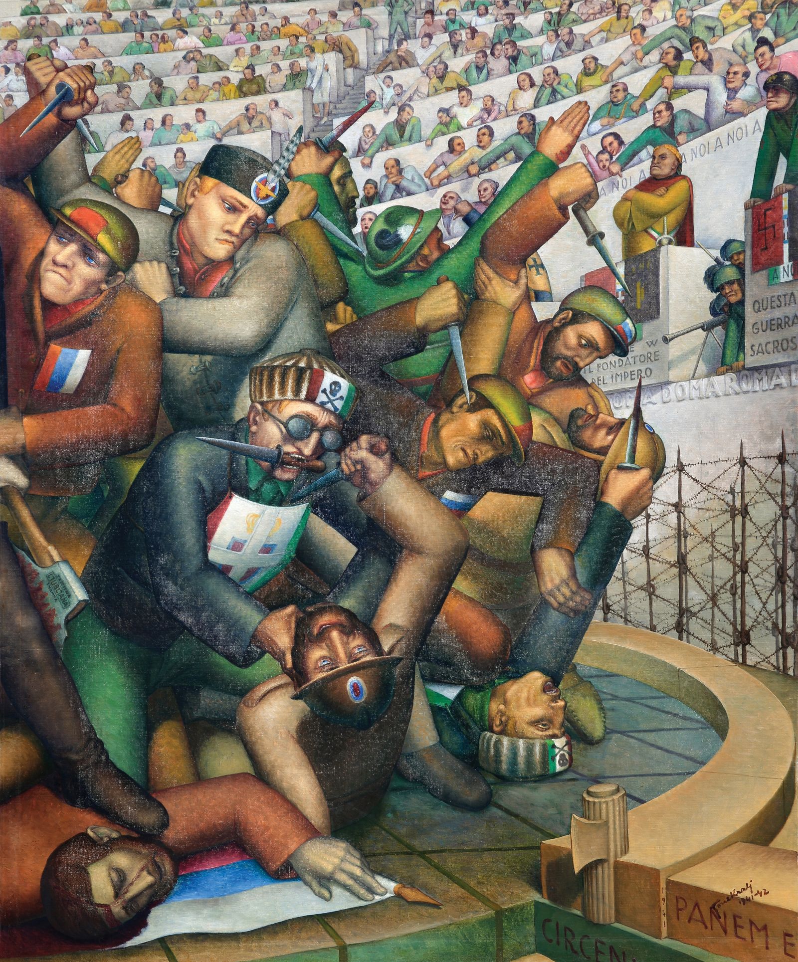 Osrednje delo na razstavi je slika Toneta Kralja Panem et circenses (v prevodu Kruha in iger) (1942, olje na platno), ki so jo odkrili na hrbtni strani druge slike, kjer je bila prekrita premazana s sivo barvo. Šele po tem, ko so sliko leta 2020 temeljito raziskali, so barvni premaz v sodelovanju z restavratorji odstranili in ugledali delo, ki je bilo dobrih 80 let skrito pred pogledi. Poimenovali so ga po napisu v desnem spodnjem kotu.