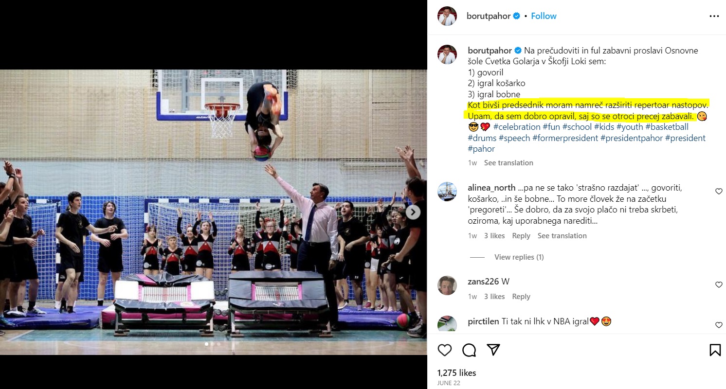 Pahorjeva objava na Instagramu