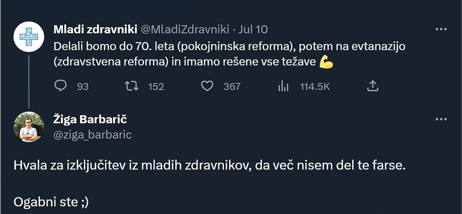 Nedostojen twit »mladih zdravnikov« in pripis mladega zdravnika Žige Barbariča, ki so ga iz te združbe izključili letošnjega aprila