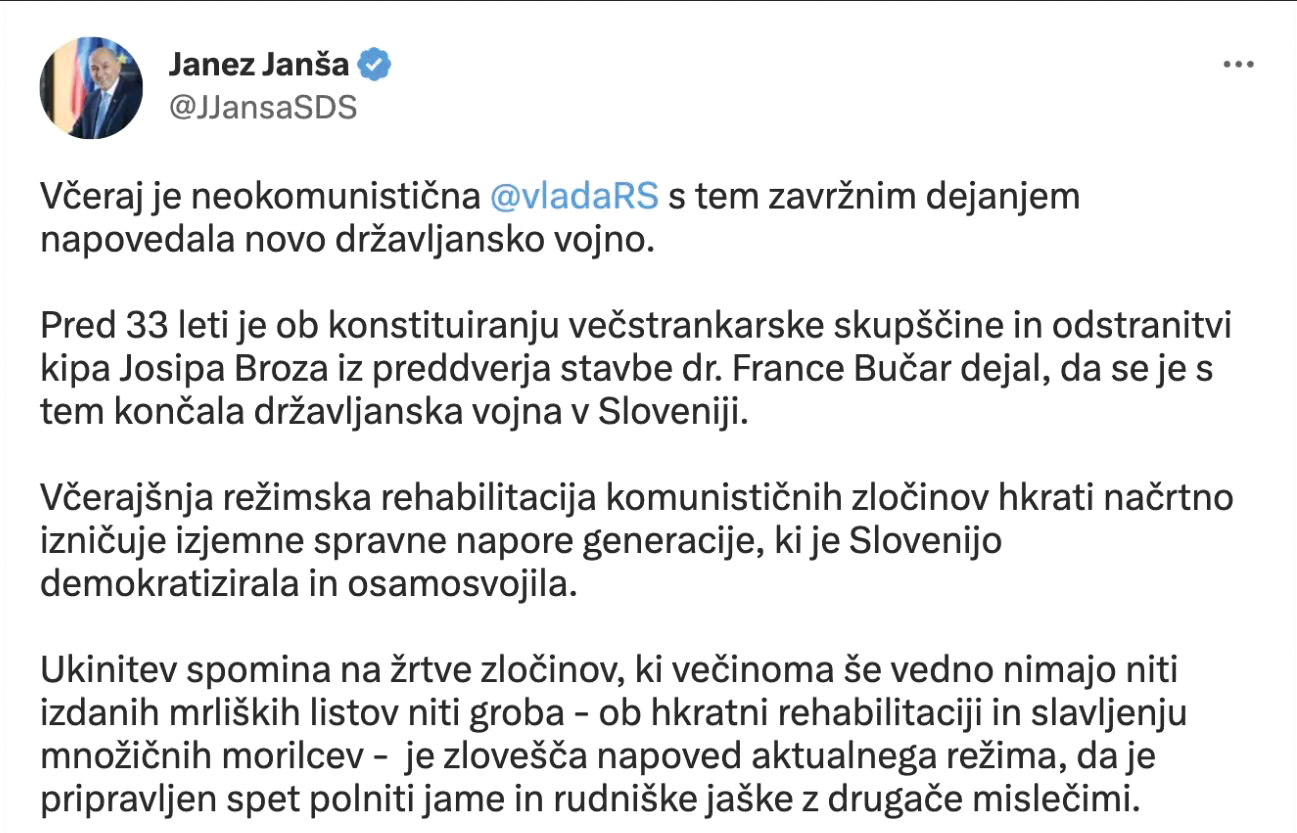 Janez Janša drugi strani vedno očita to, kar počne sam. Tukaj govori o prihajajoči državljanski vojni, pa četudi ravno on spodbuja politiko nasilja.