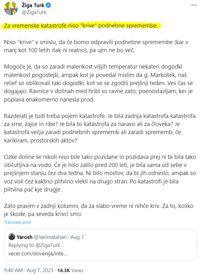 Krivda in nekrivda podnebnih sprememb: značilen vzorec Turkovega pisanja na tviterju