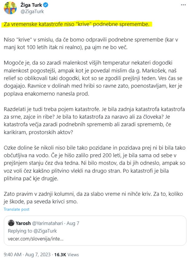 Krivda in nekrivda podnebnih sprememb: značilen vzorec Turkovega pisanja na tviterju