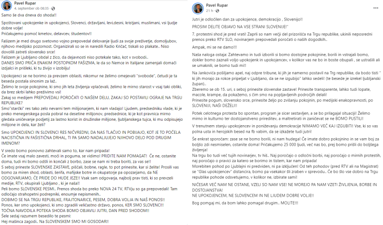 Nekaj Ruparjevih prikritih apelov k indicentom, objavljenih na Facebooku