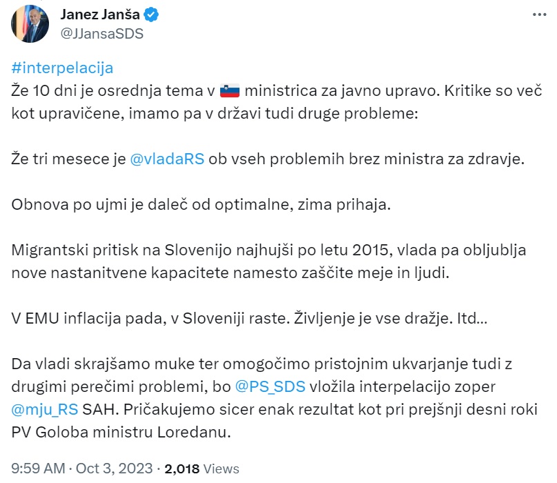 Zapis predsednika SDS na omrežju X