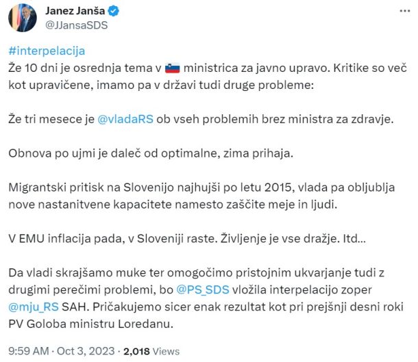 Zapis predsednika SDS na omrežju X