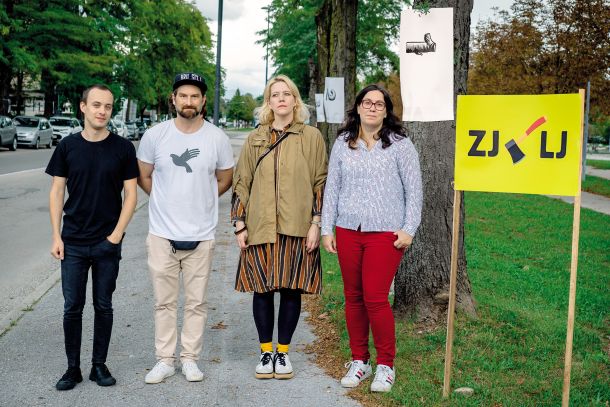 Protestna akcija Svetniškega kluba Levica MOL proti ljubljanoseku Zorana Jankovića, Linhartova c., LJ