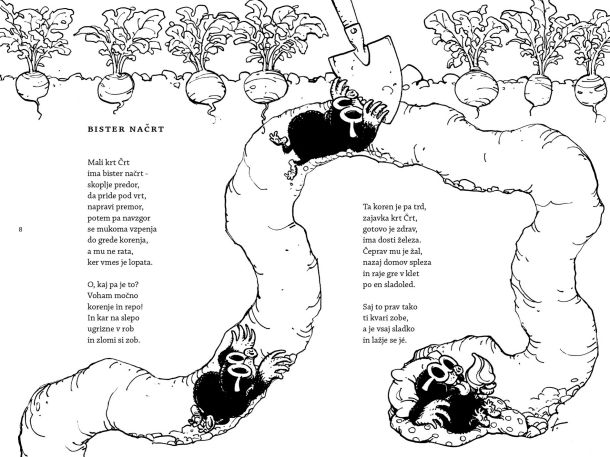 Na Mladinski knjigi so projekt tandema Matič-Lavrič med nastajanjem poimenovali „otroške pesmi za odrasle“. A v zbirki je zajeten šopek pesmi, ki navdušijo tudi najmlajše bralce. Med njimi je pesem o krtu, ki seveda ni žužek, je pa njegov svet še kako prepleten z žuželčjim. 