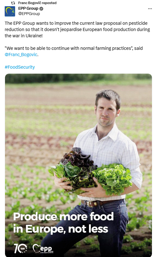 Konservativna poslanska skupina EPP, katere del je Franc Bogovič, ščiti interese močnih agro-farmacevstkih industrij in se bori proti nujnim spremembam v kmetijstvu. Pri tem seveda straši s krilaticami, kako bodo spremembe ogrozile evropsko proizvodnjo hrane.