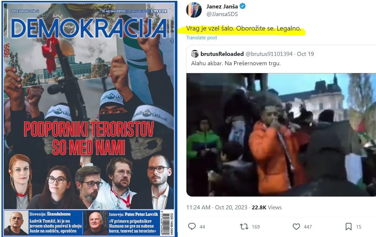 Naslovnica Demokracije in tvit Janeza Janše