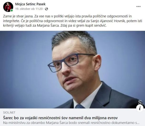 Objava, ki je postala poslankin avtogol, če uporabimo metaforo Janeza v Robertovi glavi