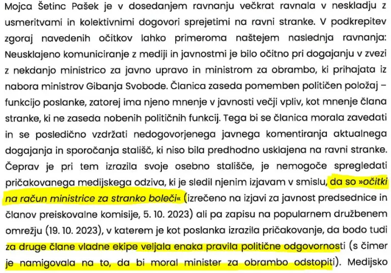 Izsek iz utemeljitve: poslanka izključena, ker je ugotovila, da so očitki za stranko boleči