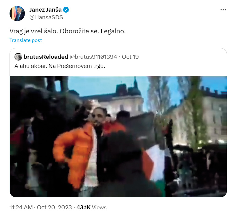 Poziv k samozaščitni oborožitvi, ki ga je Janez Janša objavil na dan Shoda v podporo Palestini