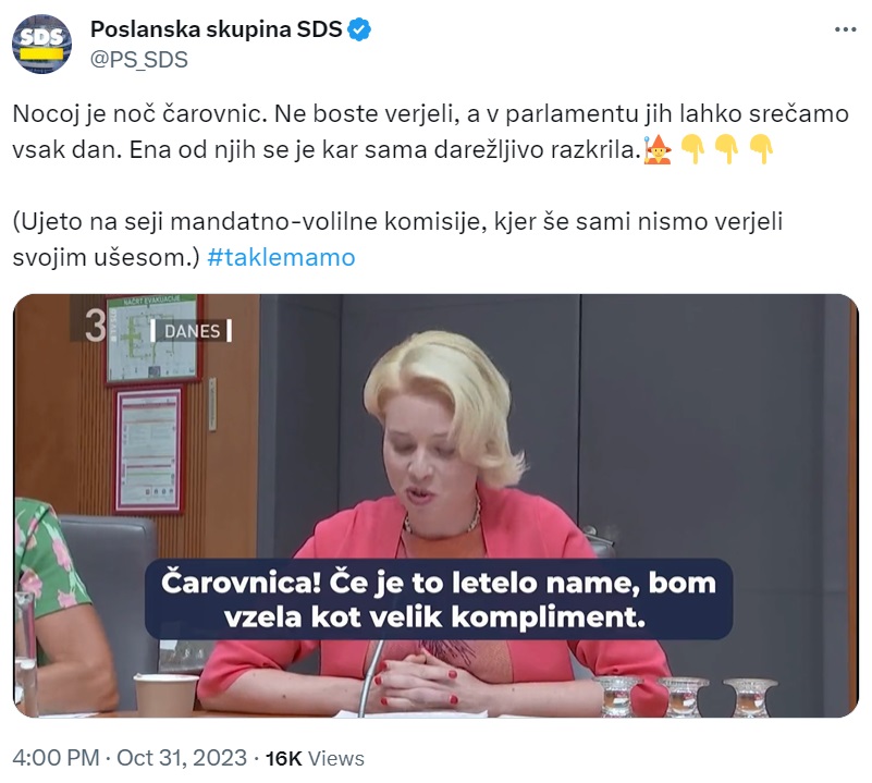 Objava poslanske skupine SDS na omrežju X