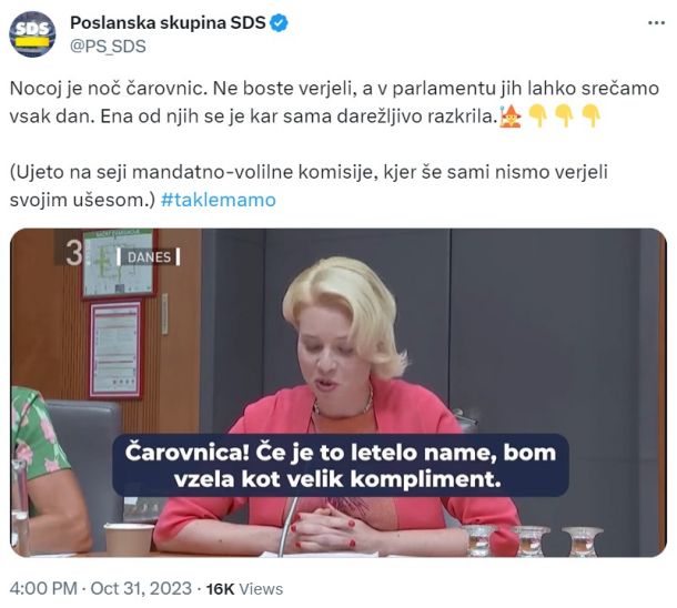 Objava poslanske skupine SDS na omrežju X