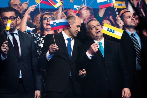 Janez Janša in Viktor Orbán na kongresu SDS v Celju maja 2018